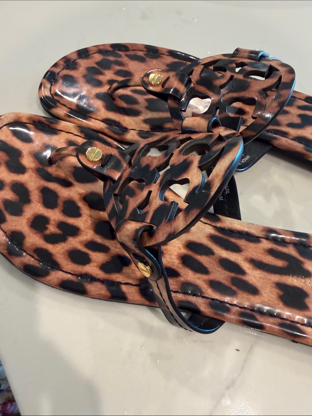 Tory Burch Leopard Print Patent Slide Sandals - Brown and Black - Picture 2 of 3